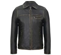 Veste de Motard à Col Harrington en Cuir de Vachette Noir Ancien pour Homme XL