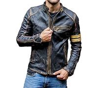Veste de moto Cafe Racer vintage en cuir véritable vieilli vintage, pour homme, noir, Rayures dorées., L