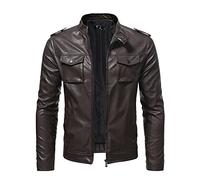 Veste de moto en cuir pour homme avec col montant - Veste demi-saison automne hiver - Veste de motard en cuir - Veste bomber pour les loisirs - Veste en cuir synthétique vintage, O Marron., XXXL