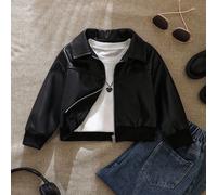 Veste de moto en cuir PU noir pour jeunes filles, matériau en cuir PU croustillant, design de revers classique, fermeture éclair argentée, style court minimaliste, ambiance douce et cool, automne/hive