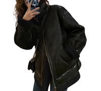 Veste de moto en faux daim surdimensionnée pour femme veste en cuir doublée de polaire sherpa aviateur manteau de fourrure en peau de mouton retournée pardessus (Noir,Grand)