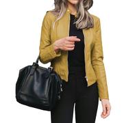 Veste de moto en similicuir à fermeture éclair pour femme, blouson aviateur tendance pour l'automne, avec poches, jaune, taille XL