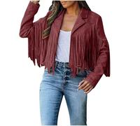 Veste de moto en similicuir à manches longues pour femme, style western concert, franges, en daim, manteau court, bordeaux, S