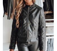 Veste de moto pour femme en éco-, veste de moto courte avec coutures décoratives et col montant, coupe slim, fermeture éclair et poches, veste urbaine de transition pour le printemps et l'automne, vêt