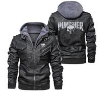 Veste de moto pour homme Pun.ish-er, veste de mode en cuir PU, coupe-vent à manches longues épaisses(Black,3XL)