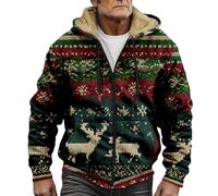 Veste de Noël chaude doublée en polaire pour homme, chandail à capuche épais classique imprimé avec poche zippée manteau à capuche renne confortable grande taille, Vert noir, XL