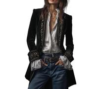 Veste de pirate vintage brodée en velours pour femme - Veste de pirate - Manteau Renaissance - Cardigan à col en velours côtelé, Noir , S