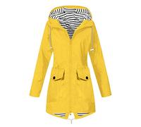 Veste de Pluie Longue Femme Imperméable Respirante Mi-Saison - Softshell Coupe-Vent Zippé à Capuche à Cordon - Doublure Rayée - Grandes Poches Avant à Rabat - Fente Arrière - Randonnée, Camping, Vélo