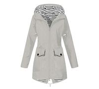 Veste de Pluie Longue Femme Imperméable Respirante Mi-Saison - Softshell Coupe-Vent Zippé à Capuche à Cordon - Doublure Rayée - Grandes Poches Avant à Rabat - Fente Arrière - Randonnée, Camping, Vélo