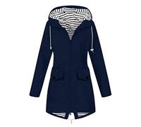 Veste de Pluie Longue Femme Imperméable Respirante Mi-Saison - Softshell Coupe-Vent Zippé à Capuche à Cordon - Doublure Rayée - Grandes Poches Avant à Rabat - Fente Arrière - Randonnée, Camping, Vélo