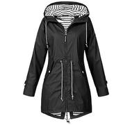 Veste de pluie pour femme - Longue capuche - Veste de transition - Trench - Manteau d'extérieur - Manteau d'extérieur - Automne - Hiver - Coupe-vent - Rayé - Alpiniste - Combinaison en tissu, Noir , L
