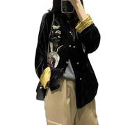 Veste de Printemps de Style Chinois pour Femmes - Manteau de Velours Noir brodé Chinois Femmes Style Chinois Mode Vestes décontractées en Vrac Tops Ethnique Harajuku vêtements Vintage Femme,N