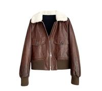 Veste de printemps en cuir véritable pour femme, style rétro, rembourré, chaud, court, fermeture éclair, taille élastique, veste en peau de mouton, marron, M