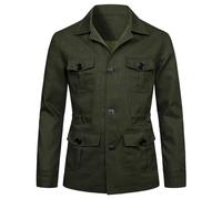 Veste De Safari Légère pour Hommes Lin Décontracté Boutonné Multi-Poches Manteau Cargo Outwear,Army Green,M