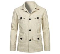 Veste De Safari Légère pour Hommes Lin Décontracté Boutonné Multi-Poches Manteau Cargo Outwear,Beige,4XL