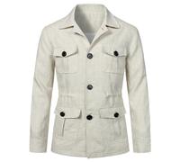 Veste De Safari Légère pour Hommes Lin Décontracté Boutonné Multi-Poches Manteau Cargo Outwear,Blanc,4XL