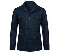 Veste De Safari Légère pour Hommes Lin Décontracté Boutonné Multi-Poches Manteau Cargo Outwear,Marine,L