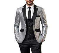 Veste De Smoking Homme À Sequins Ombrés Coupe Slim Revers Cranté en Satin Un Bouton Idéale pour Les Mariages Banquets Bals Soirées Disco Argentée Taille S.