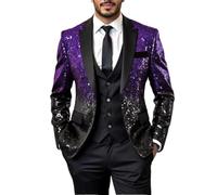 Veste De Smoking Homme À Sequins Ombrés Coupe Slim Revers Cranté en Satin Un Bouton Idéale pour Les Mariages Banquets Bals Soirées Disco Violet et Noir Taille XXL