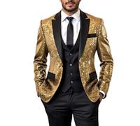 Veste De Smoking Homme À Sequins Ombrés Coupe Slim Revers Cranté en Satin Un Bouton Idéale pour Les Mariages Banquets Bals Soirées Disco Couleur Or Taille XL.