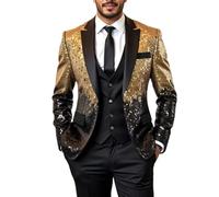 Veste De Smoking Homme À Sequins Ombrés Coupe Slim Revers Cranté en Satin Un Bouton Idéale pour Les Mariages Banquets Bals Soirées Disco Noir et Or Taille XXL. Noir et Or.