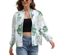 Veste De Sport Femme Chic, Feuilles D'Eucalyptus Blouson Bombers Léger Printemps Automne Avec Poches, Outwear Zippé Casual Plantes Vertes Et Succulentes Imprimé Manteau Femme M