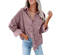 Veste de travail pour femme, veste en velours côtelé pour femme, décontractée, à manches longues, col en V, boutonnée, veste de mi-saison, manteau d'extérieur, rose, L