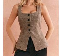 Veste débardeur élégante de couleur kaki avec jacquard, boutons dorés décoratifs, col carré, sans manches, nœud papillon invisible dans le dos, ourlet fendu, coupe skinny. Tenue de bureau idéale pour