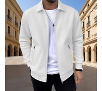 Veste décontractée en tricot gaufré à fermeture éclair intégrale pour homme avec col à revers et poches zippées pour le printemps et l'automne, blanc, Medium