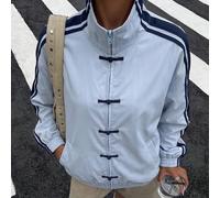 Veste décontractée tissée bleue pour femmes avec bande latérale et design de boutons grenouille L,M,S,XL,XS,XXL,XXS,XXXL,XXXXLAnimal,LettresTissu tissé