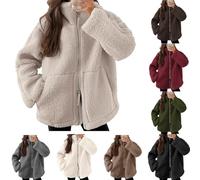 Veste d'hiver en peluche pour femme - Veste chaude en peluche - Fermeture éclair bidirectionnelle - Veste d'hiver unie - Avec poches et fermeture éclair - Manteau d'hiver épais - Veste de transition