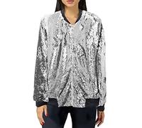 Veste d'hiver Femmes Femmes Grande Taille Lâche Paillettes Baseball Veste Décontractée Manches Longues Paillettes Fête Brillant Manteau Rave Survêtement, argenté, XXL