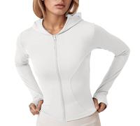 Veste d'hiver pour femme avec fermeture éclair intégrale - Veste de sport légère - Coupe ajustée - Veste de course à pied avec trous pour les pouces - Veste légère, blanc, S