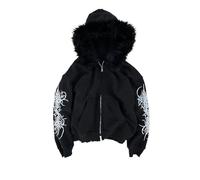 Veste d'hiver pour homme avec capuche en fourrure - Courte - Parka Y2K - Sweat à capuche zippé - Léger - Vintage - Imprimé - Veste d'hiver en polaire - Veste d'hiver Hip Hop, Noir 01, XL