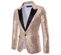 Veste élégante à paillettes brillantes à manches longues pour homme - Blazer chic - Revers à un bouton - Pour discothèque, fête, mariage, spectacle magique, 03 or rose, XL