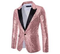 Veste élégante à paillettes brillantes à manches longues pour homme - Blazer chic - Revers à un bouton - Pour discothèque, fête, mariage, spectacle magique, 03 rose., 4XL
