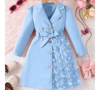 Veste élégante et pour jeune fille, col à manches longues avec ceinture, décoration de maille papillon sur le côté gauche, charmante et adorable 6Y,7Y,4Y,5YPlantesÉtoffe