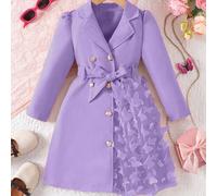 Veste élégante pour jeune fille, col à manches longues avec ceinture, décoration de maille papillon sur le côté gauche, charmante et adorable 6Y,7Y,4Y,5YUnicoloreÉtoffe