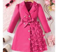 Veste élégante pour jeune fille, col, manches longues, ceinture à la taille, design de maille papillon sur le côté gauche, charmante et adorable 6Y,7Y,4Y,5YUnicoloreÉtoffe