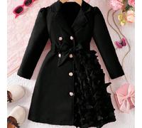 Veste élégante pour jeune fille, col, manches longues, ceinture à la taille, design de maille papillon sur le côté gauche, charmante et adorable 6Y,7Y,4Y,5YUnicoloreÉtoffe