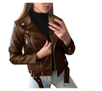 Veste en cuir à manches longues pour femme - Coupe courte et fine - Fermeture éclair - Veste en cuir - Veste d'hiver - Veste à capuche, marron, XXXXXL