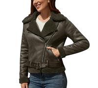 Veste en Cuir Blouson Femme Moto Biker Courte Fermeture éclair Chaud Automne Hiver Couleur Unie Mode Décontracté Grandes Tailles Manteau Femme avec Col Rembourré Manches Longues A-Army Green, XL