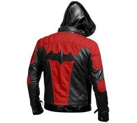 Veste en cuir de style guerrier vigilant inspirée du chevalier Capuchon Rouge avec emblème de Batman - Style guerrier dans des variations de noir et rouge, M