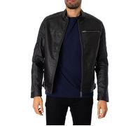 Veste en cuir - Jack & Jones - Noir - Finitions motardes - Ourlet réglable - Trois poches avant L