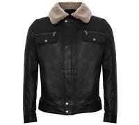 Veste en Cuir Noir pour Homme Camionneur en Peau de Mouton Amovible Col Sherpa Manteau en Jean Décontracté 4XL