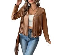 Veste en cuir pour femme oversize franges courtes coupe en daim synthétique à manches longues Western Cowgirl Manteau de moto occidental de concert, marron, XXL