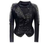 Veste en Cuir pour Femmes Steampunk Rock Rivet Slim Short Streetwear Gothique Broderie PU Cuir Locomotive Manteau,Noir,3XL