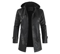Veste en cuir pour homme, long duffle-coat 3/4 avec capuche amovible, parka, long trench noir, manteau à capuche safari noir, manteau coupe-vent d'hiver chaud avec poches, Noir , M