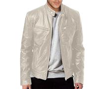 Veste en cuir PU pour homme, noir, couleur unie, blouson de motard, chaud, coupe-vent, avec poches, pour les sports de plein air, style vintage, argenté, L