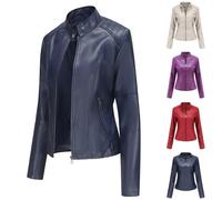 Veste en cuir synthétique pour femme - Motif aviateur - Avec fermeture éclair - Chaude et décontractée, 001 Bleu foncé, M